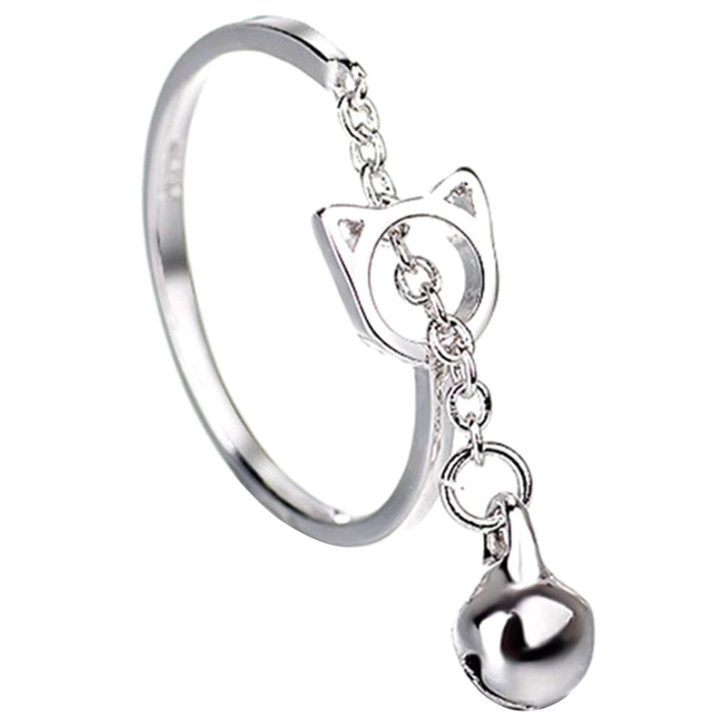 Новое серебряное Открытое кольцо в форме кота с колокольчиком, креативное простое кольцо на цепочке для женщин и девушек, милое ювелирное изделие, подарок - Цвет основного камня: SV
