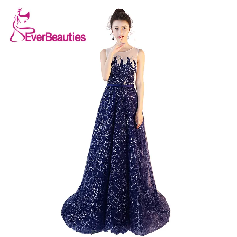 

Evening Dresses Long O-Neck Beading Appliques Formal Prom Dress with Tail Vestido De Festa Longo