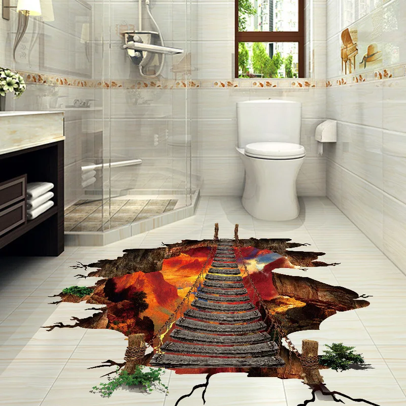 3D Broken Wall Floor Sticker Waterproof Flame Mountain Bridge Wall