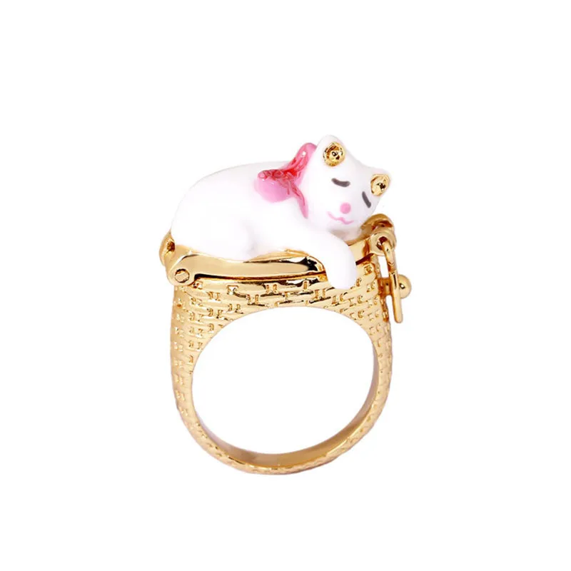 

France Fresh Jewelry Enamel Glaze Trendy Kitty Series Fun Cat Embrace Creative Clamshell For Women Ring