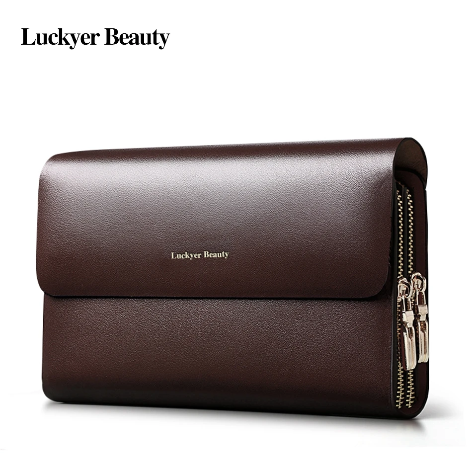 

LUCKYER BEAUTY Famous Brand Men's Long Wallet Fashion Casual Male Day Clutch Luxury Split Leather Men's Double Zipper Handy Bag