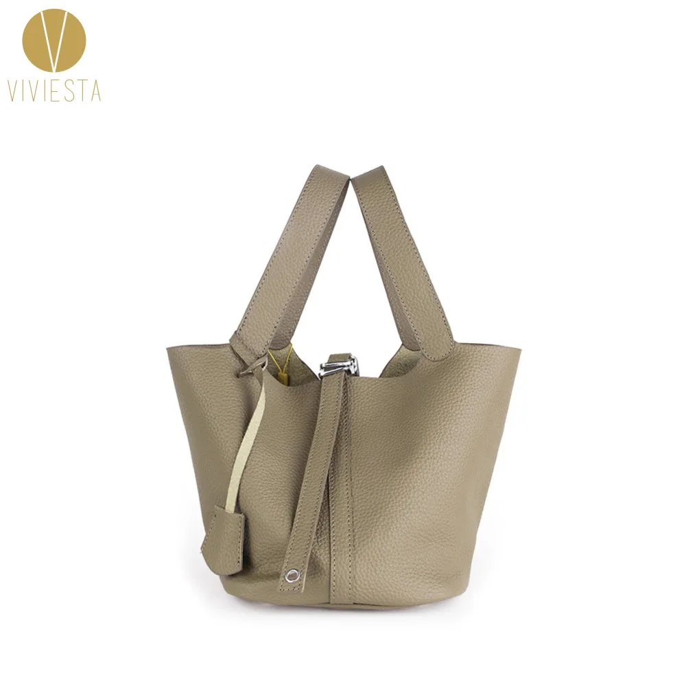 

GENUINE LEATHER KEY LOCK MINI BUCKET BAG - Women's 2017 Fashion Natural Soft Cowhide Top Handle Small Tote Crossbody Bag Handbag