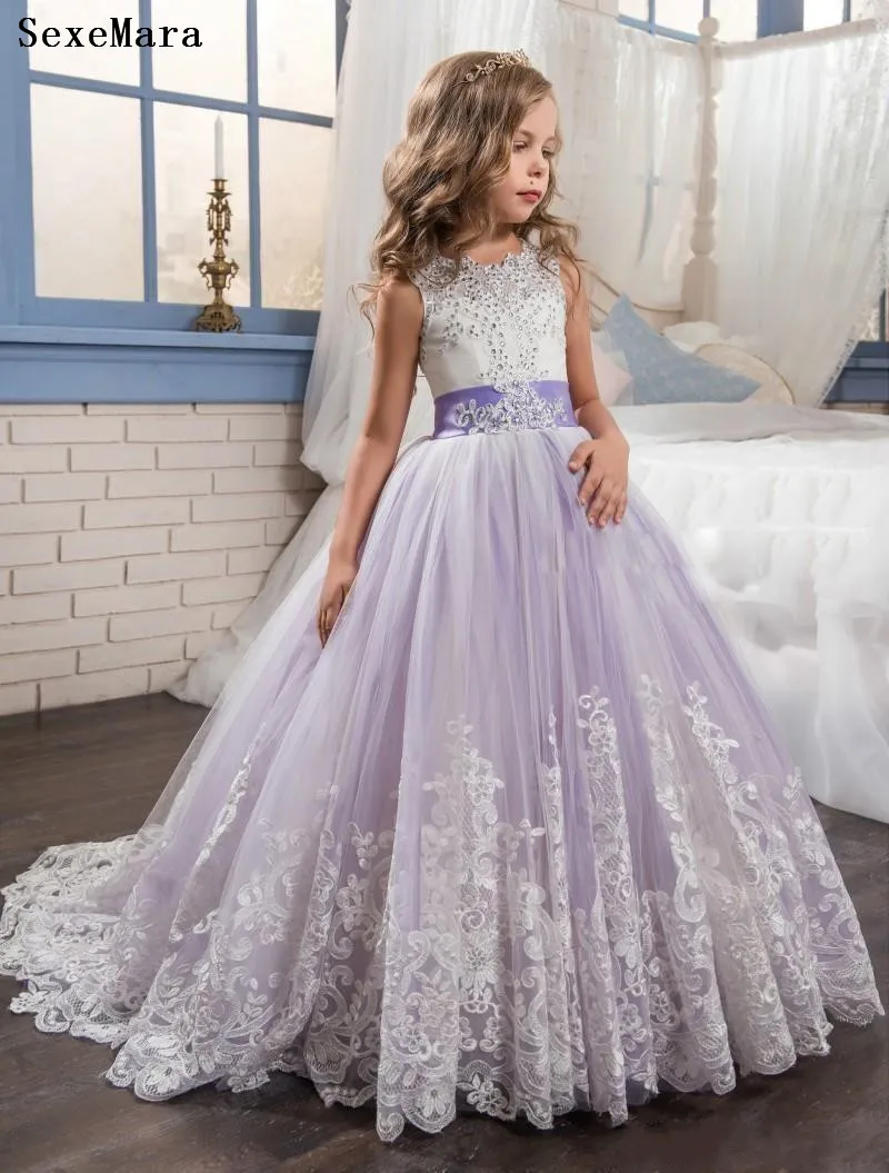 lavender Пышное бальное платье Тюль платья для девочек на свадьбу свадеб с открытой спиной кружевное с аппликацией из бусин пышное платье первого причастия - Цвет: lavender