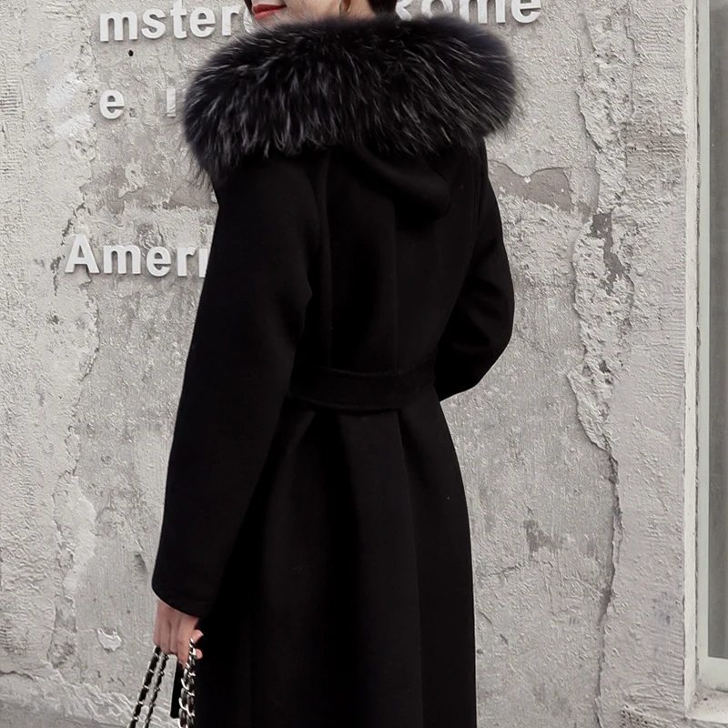 

Women woolen coat winter jacket female hooded real raccoon big fur collar overcoat loose thicken warm women woolen coat