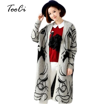 

Spring Women Long Cardigan Sweater Coat Fashion Printing Knitted Long Sleeve Cardigan Lady Casual Mohair Women Coat And Jackets