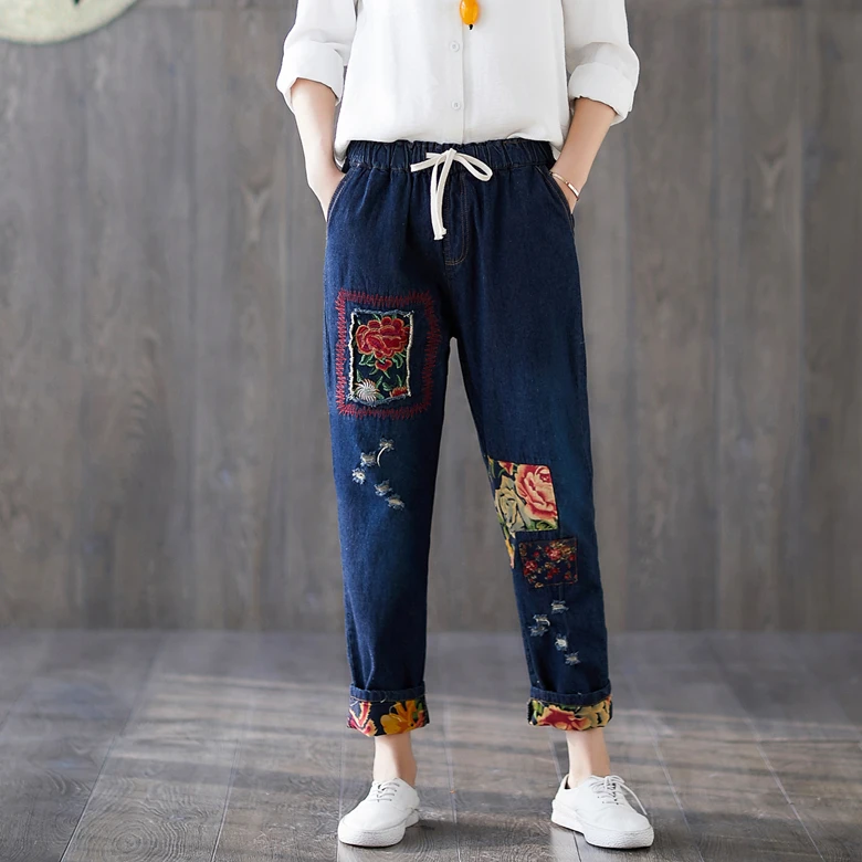 Nuevo Largo Bordado Hippie Pantalones Harén Pantalones hasta Talla Grande