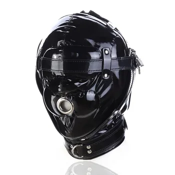Wet Look Locking Bondage Bdsm Mask, Open Mouth Hood Blindfold Restraints Leather Harness ,Sex Toys For Couples Exotic 1