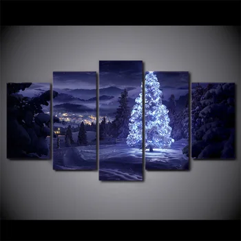 

5 piece canvas art HD print winter night tree painting christmas decorations for home wall art free shipping