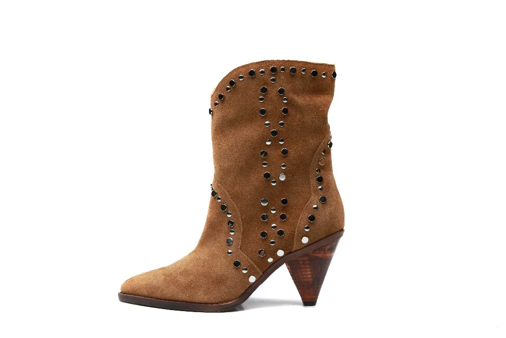 

Kid Suede Women Boots Ankle Boots Woman Pointed Toe Med Heel Rivets Embellished Shoes Woman Brand Hot Cozy Spring Winter Shoes