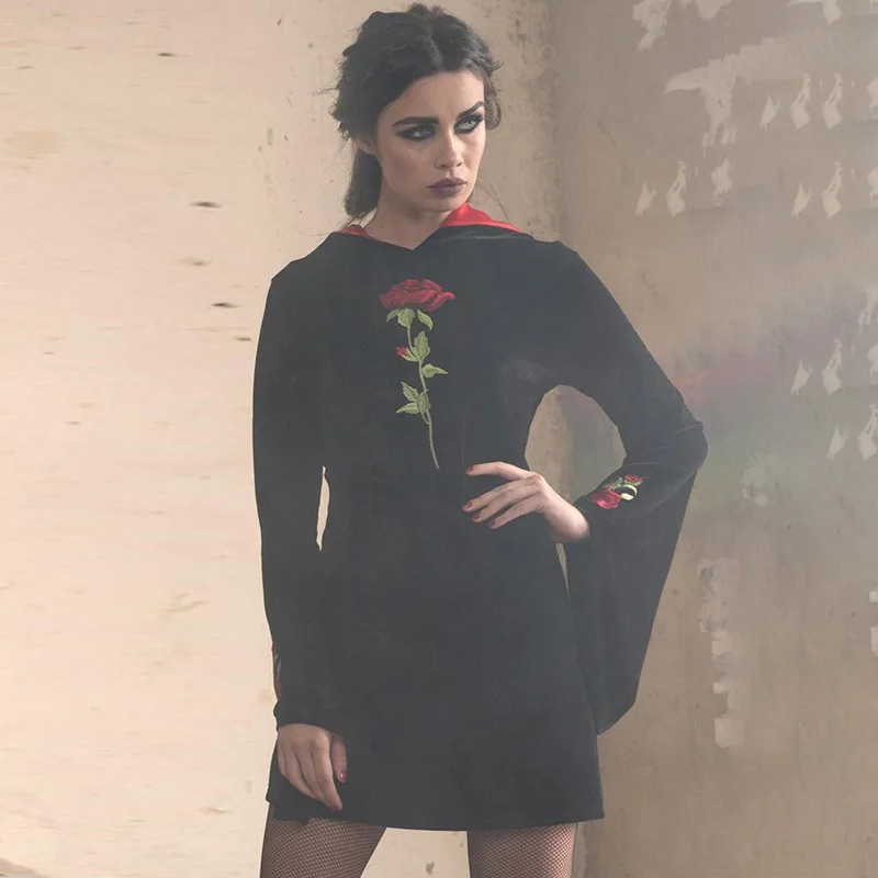 

Flower Embroidered Dress Women Hoodie Dress Goth Spring Autumn Women's Dresses Velvet Flare Sleeve Dress Vintage Women Dress