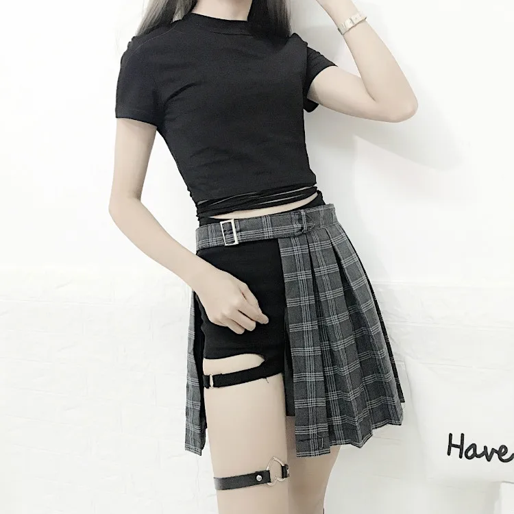 

39D Harajuku Punk Style Plaid Irregular Skirts Women Asymmetrical High Waist Pleated Girls Gothic Half Fashion Skirt with Belt