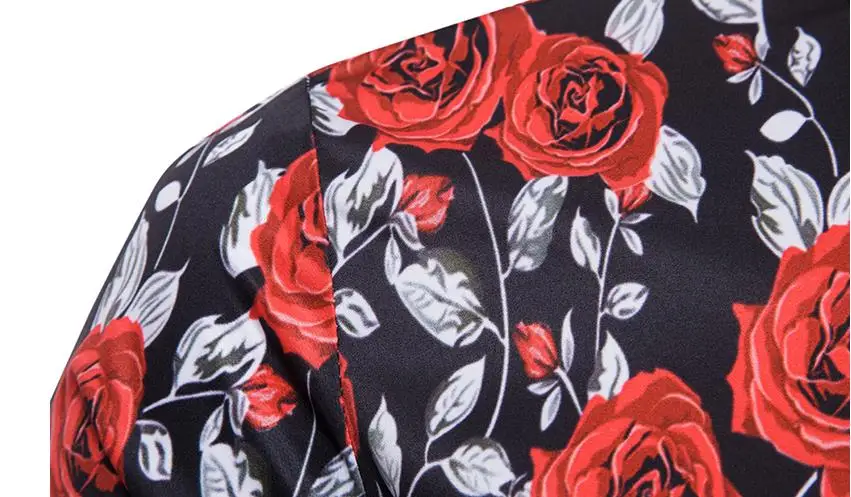 Men's Rose Flower Print Long Sleeve Dress Shirt Slim Fit Chemise Homme Casual Stylish Shirt Men Camisa 