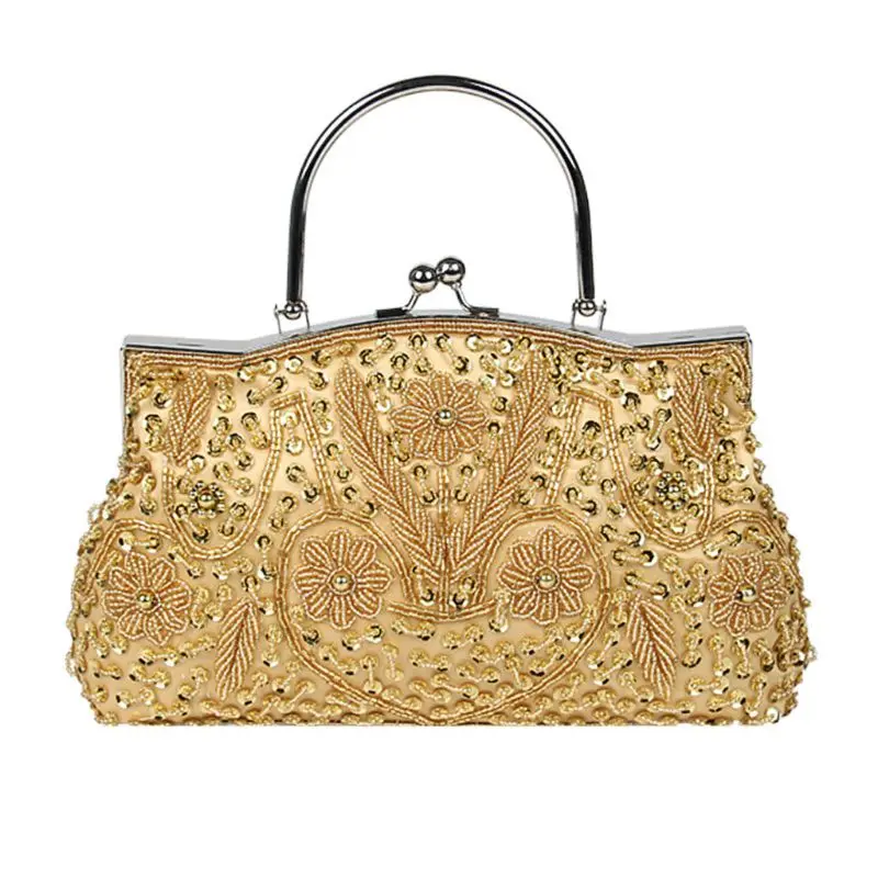 Премиум женский винтажный вышитый бисером блестящий дизайн Цветочный вечерний кошелек большой клатч сумка с верхней ручкой - Цвет: GD