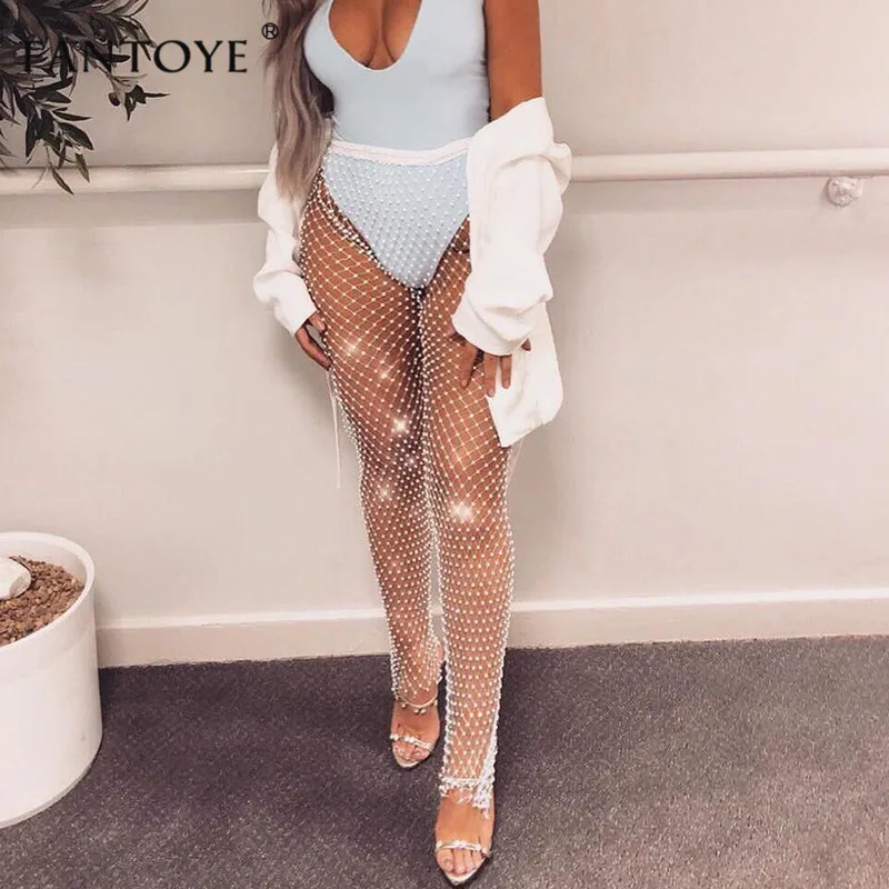 Goede Fantoye Crystal Diamond Mesh Broek Vrouwen Sexy Zomer Hollow Out Transparante Losse Lange Visnet Broek 2019 Nieuwe Beachwear Broek