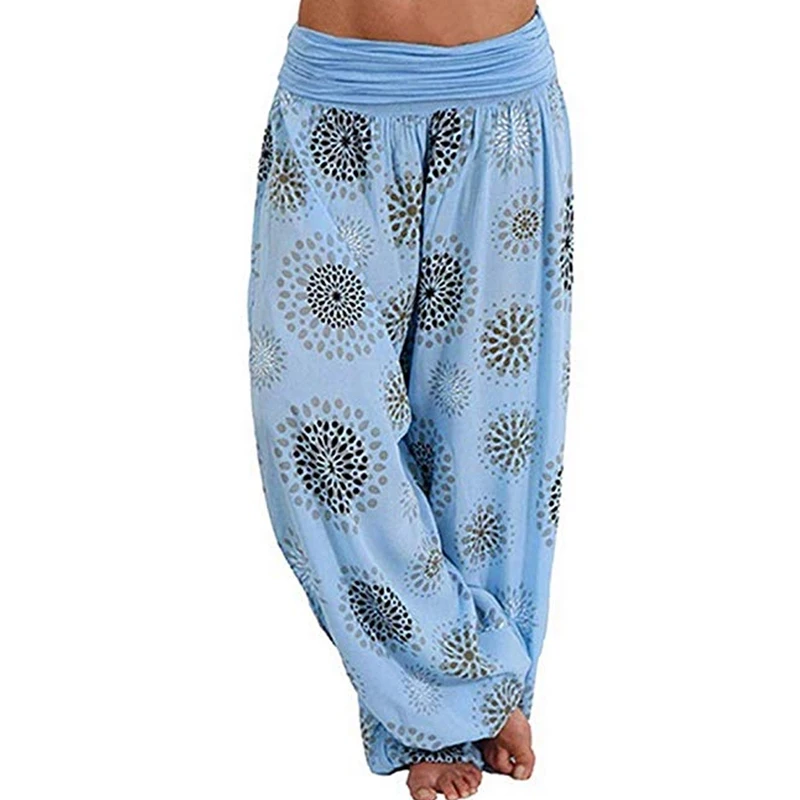 NIBESSER Summer Beach Bohemian Pants Women High Waist Pants Plus Size Vintage Loose Print Bloomers Floral Trousers Women - Цвет: light blue