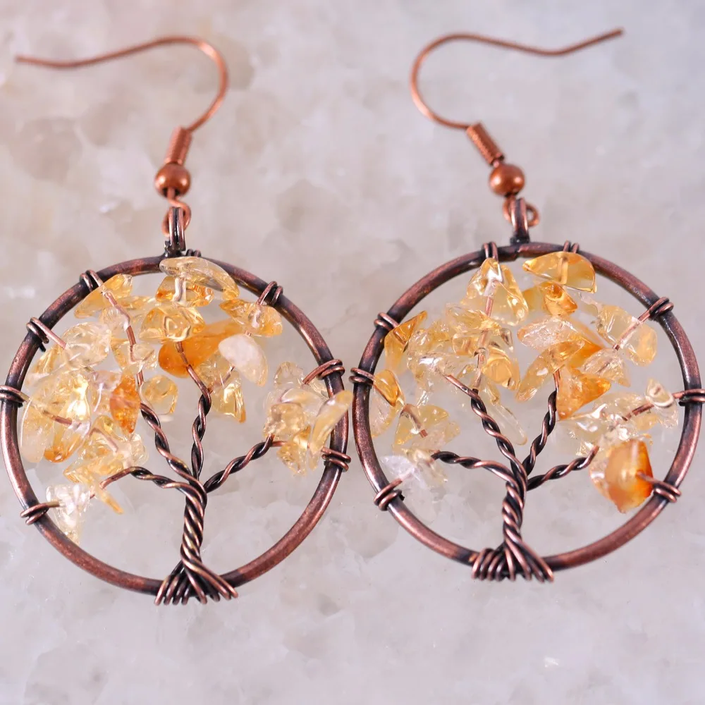 Free Shipping Tree of life - Natural Stone Beads Crystal Copper Wire Wrap Round Earrings 1Pair U402 | Украшения и аксессуары