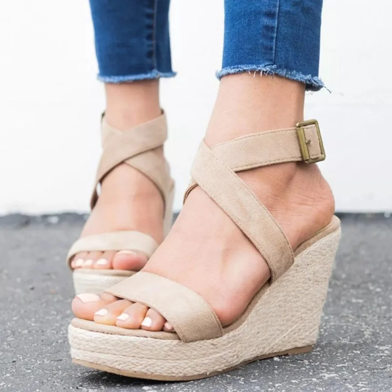 

Leopard Gladiator Women Wedges Sandals Platform Cross-tied High Heels Peep Toe Casual Shoes Plus Size 35-43 XWZ5839