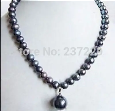 

Wholesale price FREE SHIPPING ^^CHARMING 18" 8-9mm Tahitian black pearl necklace 14KGP + shell pendant