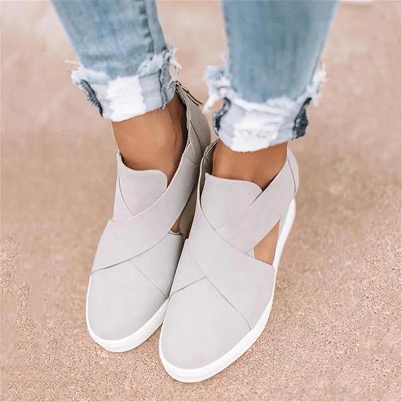 

Women Increased Wedges Vulcanized Shoes Autumn Cut Outs Zipper Female Suede Sneakers Ladies Fashion Footwear