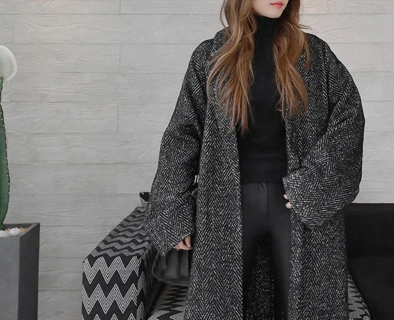 2018 зимнее женское длинное шерстяное пальто, модные свободные куртки и пальто с узором «елочка» на одной пуговице, теплые пальто