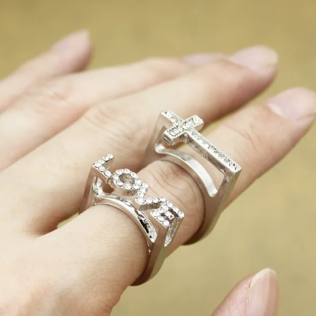 Pack 2 Silver Catholic Religious Cross Church Marry Love Crystal Band