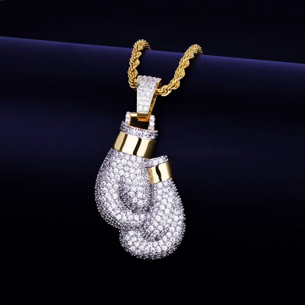 

Bling Boxing Gloves Pendant Necklace & Pendant Charm Rope Tennis Chain Gold Color Iced Cubic Zircon Men's Hip Hop Jewelry