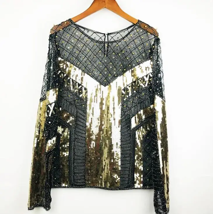 

Women's Luxury Vintage Shiny sequins paillette Beaded Shirt Female Club Party Dancing Performance Pullover mesh Tops Tees TB600