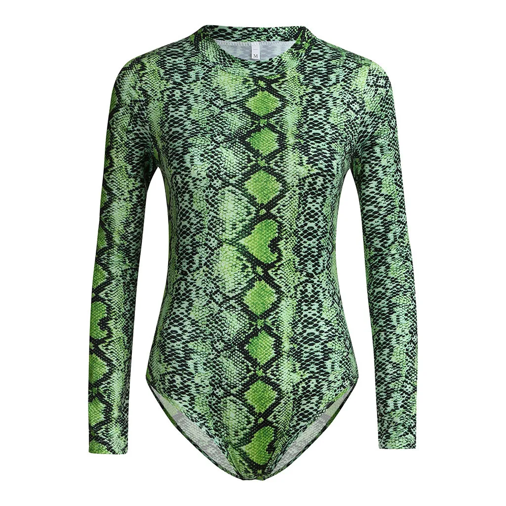 Women Bodysuit Sexy Turtleneck Body Suits Long Sleeve Skinny Print Snake Casual Print Bodycon Playsuit Rompers Womens Jumpsuit