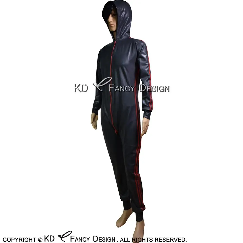 

Black With Red Sexy Latex Catsuit With Hoodies Three Stripes Two Sides Zipper Rubber Bodysuit Zentai Overall Body Suit LTY-0216