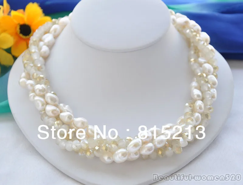 

ddh0046 4strands white baroque PEARL faceted crystal bead NECKLACE