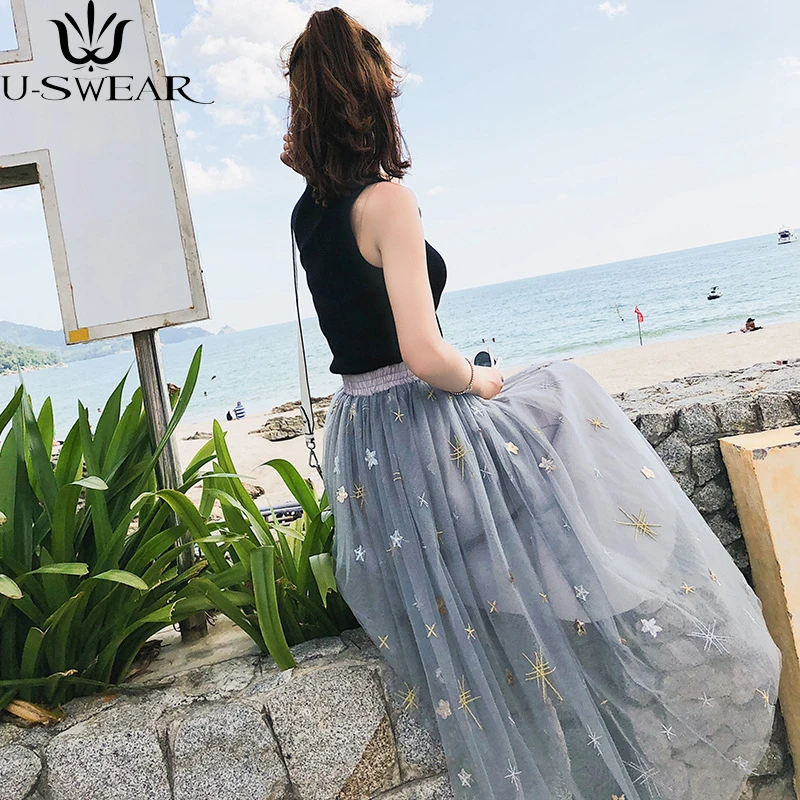 

U-SWEAR 2018 Spring Summer Star Sequin Embroidered Mesh Fairy Puff Skirt Long Wild High waist Tulle Skirt