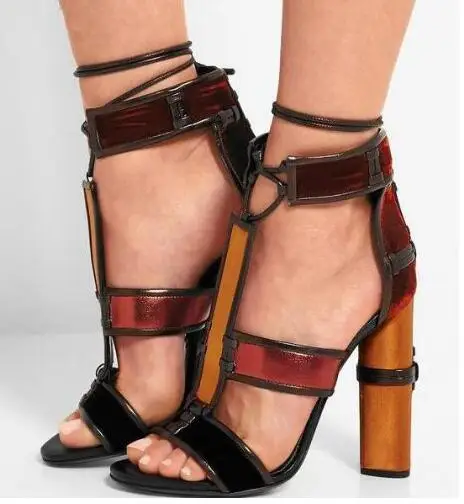 

Summer European Retro Hollow Women High Heels Cover Heel Peep Toe Mixed Color Lace-up Pumps Women