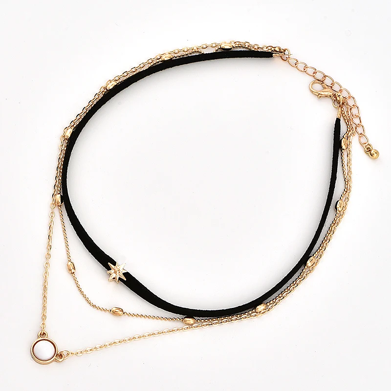 

Fashion Black leather rope starlight multi-layer necklace Pentagram Tassel Pendant Clavicle Choker Chain Femme Jewelry Hot Sale