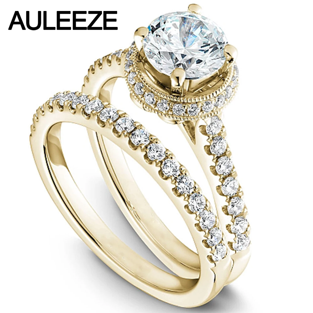 modern halo round 1 carat moissanites bride wedding ring set solid 14k 585 yellow gold engagement rings for women fine jewelry - Yellow Gold Wedding Ring Sets modern halo round 1 carat moissanites bride wedding ring set solid 14k 585 yellow gold engagement rings for women fine jewelry - Yellow Gold Wedding Ring Sets