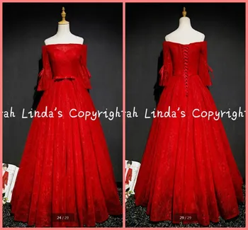 

2016 fashion new design a line off the shoulder prom dress half sleeve sashes red lace prom gowns floor length prom dresses