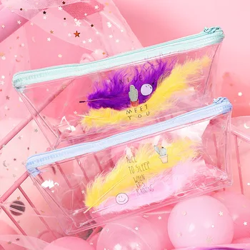 

Coloffice PVC Kawaii Transparent Pencil Bag Cute Cartoon Simple Feather Decoration Zipper Pen Bag Korean Stationery For Kids 1PC