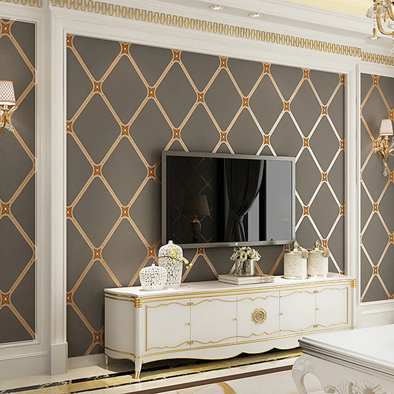 

European 3d stereo TV background wall paper Luxury upscale living room bedroom simple modern wallpaper Suede lattice sticker