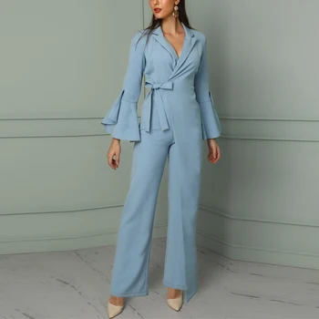 

2019 Autumn Women Irregular Flared Sleeve Knot Side Wide Leg Jumpsuit Elegant Long Sleeve Workwear Formal Party Rompers
