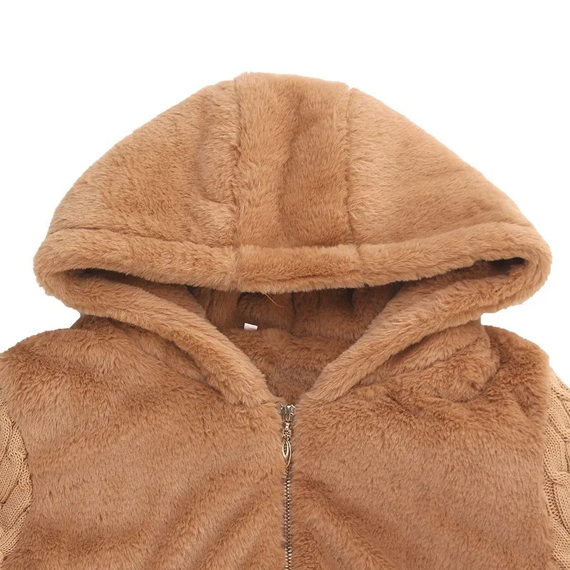 Пальто из искусственного меха, зимнее пальто для женщин, топы с капюшоном, пушистый искусственный мех, вязанная верхняя одежда с карманами, эластичная резинка на талии, длинное пальто
