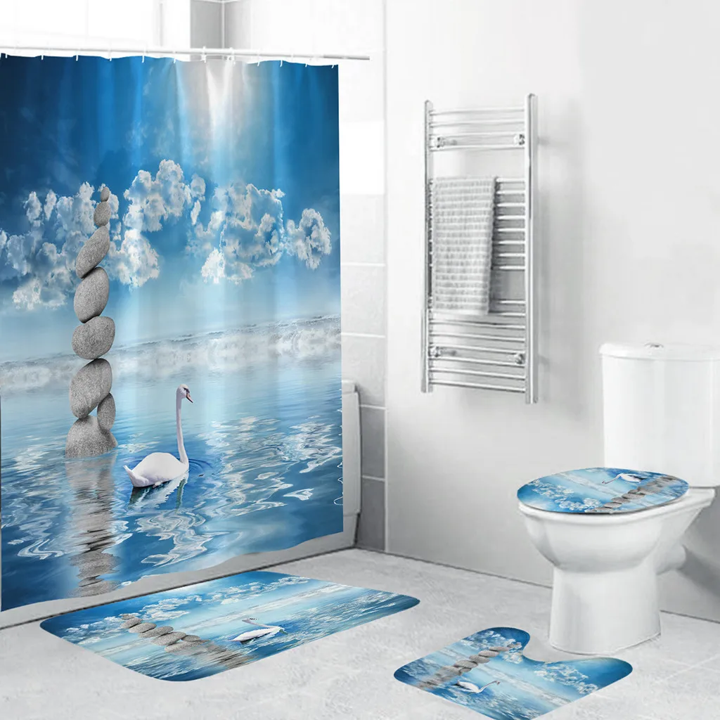 

4PCS Non Slip Toilet Polyester Cover Mat Set Bathroom Shower Curtain#H40