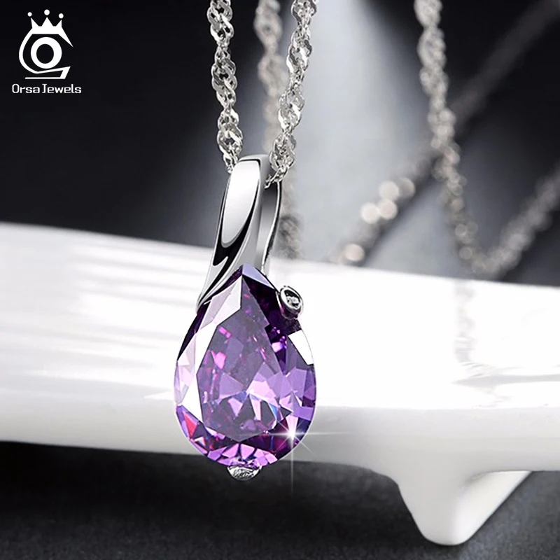 ORSA JEWELS дизайн AAA австрийский кубический кулон ожерелье на серебре цвет фиолетовый кулон из циркония для женщин модные украшения ON39