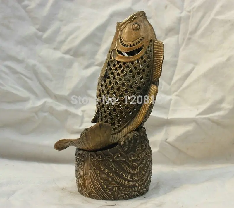 

China Bronze Wealth Coin JiXiang FengShui Fish Statue Box Incense Burner Censer