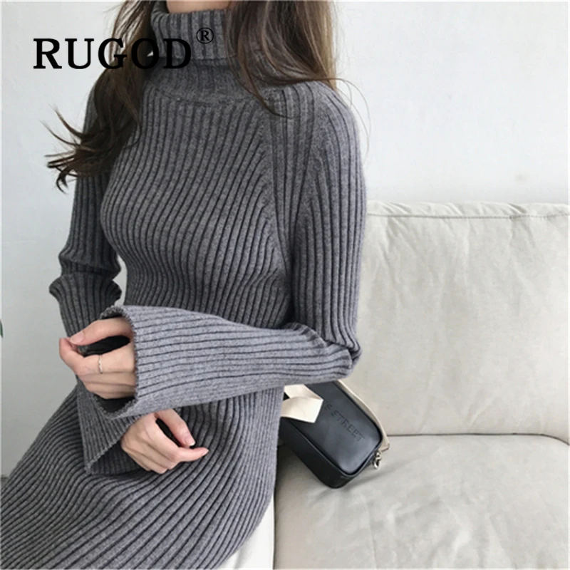 

RUGOD Elegant Flare sleebe knitted bodycon dress women Korean chic tunic knee length split ladies dress Fashion turtleneck dress
