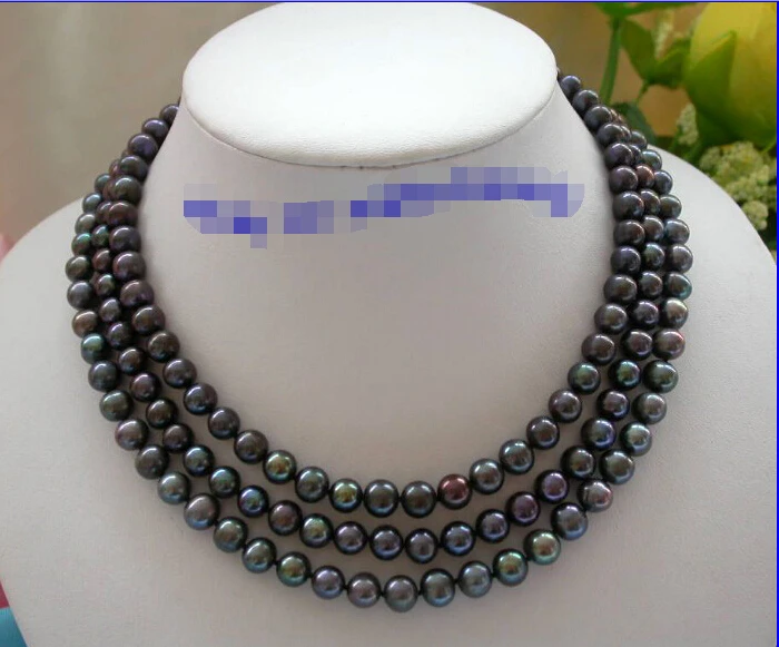 

shipping stunning long 50" 8mm round black freshwater pearls necklace g118