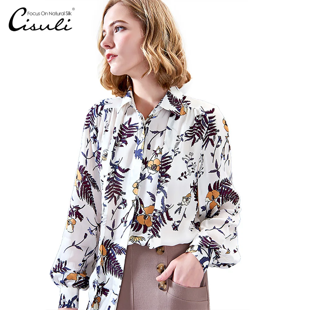 

CISULI 100% Mulberry Silk Blouses Women Shirts Silk Crepe Fabric Natural Silk Flower Printed Shirts