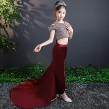 Для маленьких девочек Свадебная вечеринка платье русалки дети со шлейфом вечернее платье с вышивкой бисером сетки сращены Подиум платья детская одежда vestidos Y1175