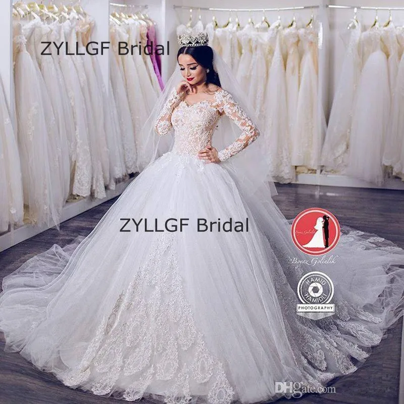 Zyllfg Bridal Puffy Long Sleeves Wedding Gowns Big Train Robe De