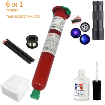 

6 in1 LOCA tp-2500FUV Glue 50ml +12led UV curing light+Uv Glue Remover 20g +Cutting Wire 50m+clothes For LCD Touch Screen Repair