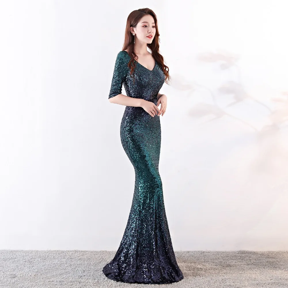 Hot Party Dress Short Sleeve Sexy V-neck Halter Long Self-Cultivation Blingbling Sequined Fishtail Dress Pink Green Slim Dress (5)