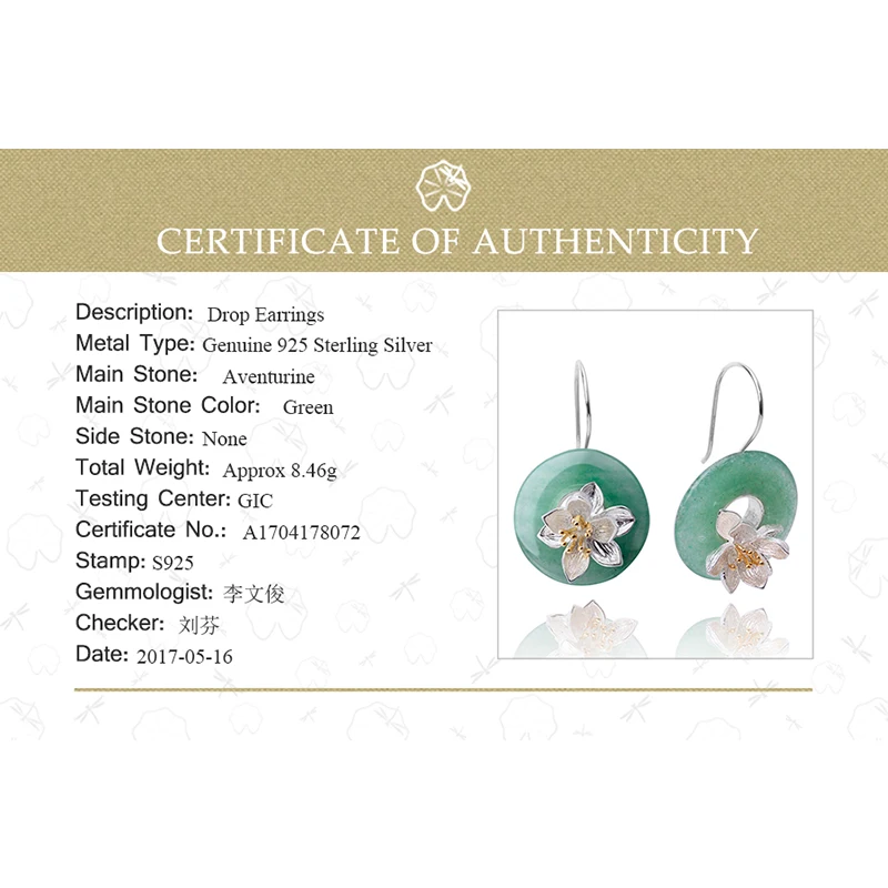 Lotus Fun Genuine 925 Sterling Silver Earrings for Women Round Green Aventurine Flower Hook Drop Earring valentines day gift